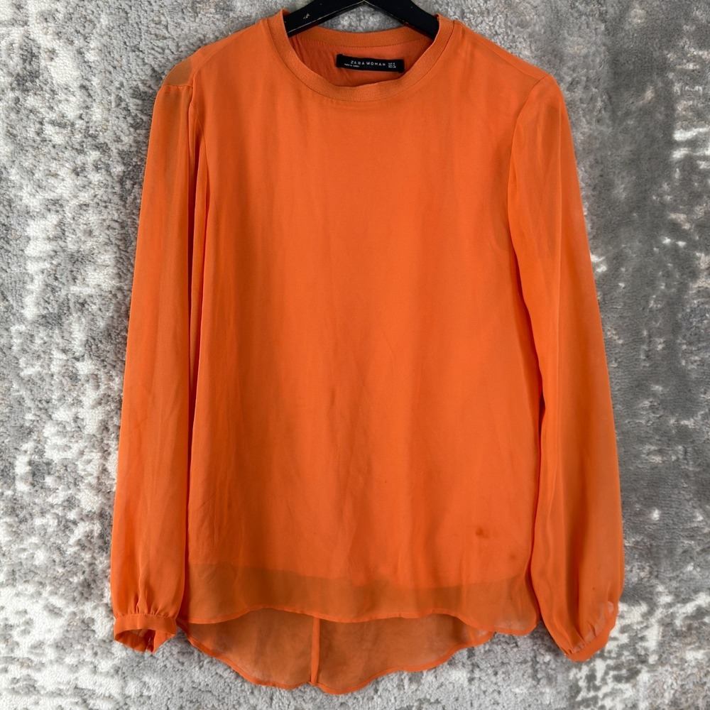Zara Size M Minimalist Semi Sheer Casual Top Orange Long Sleeve Pullover‎